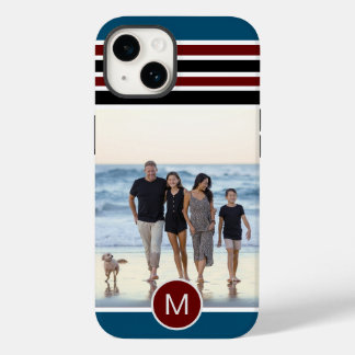 Stylish Blue Red Striped Monogram Custom Photo Case-Mate iPhone 14 Case