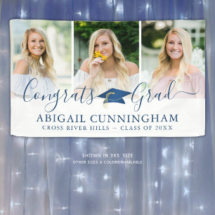 Stylish Blue Script Congrats Grad 3 Photo  Banner