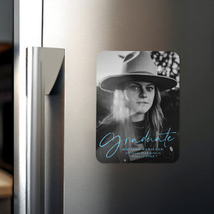 Stylish Blue Script Graduation Announcement Photo Magnet