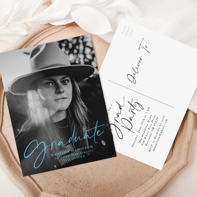 Stylish Blue Script Photo Graduation Party Invitation Postcard (Creator Uploaded)