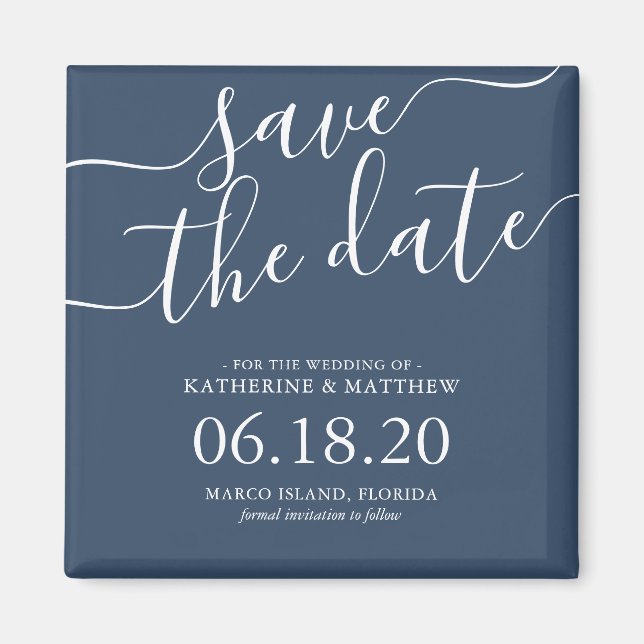 Stylish Blue Script Wedding Save the Date Magnet (Front)