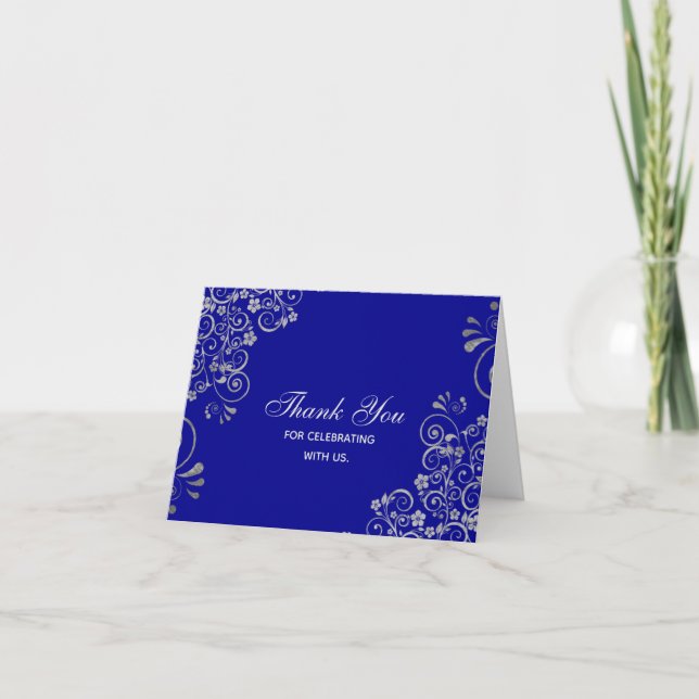 Stylish Blue silver Swirls Wedding Thank You (Front)