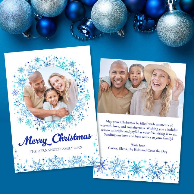 Stylish Blue Snowflakes 2 Photo Family Christmas Holiday Card (Stylish Blue Snowflakes 2 Photo Family Christmas Holiday Card)