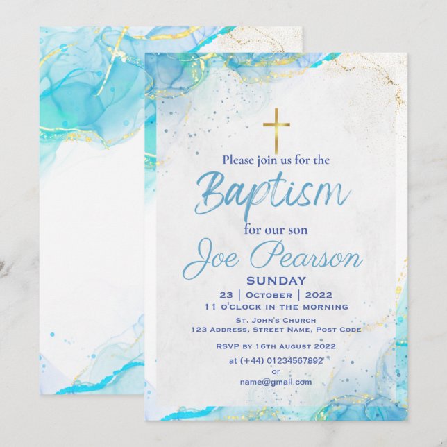 Stylish Blue Son Baptism Invitation Card (Front/Back)