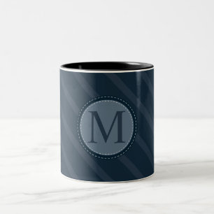 Stylish Blue Stripes Custom Circle Monogram Two-Tone Coffee Mug