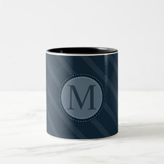Stylish Blue Stripes Custom Circle Monogram Two-Tone Coffee Mug
