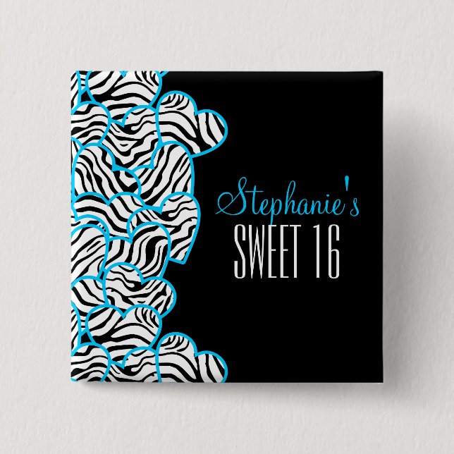 Stylish Blue Sweet 16 Zebra Heart Design Name  2 Inch Square Button (Front)