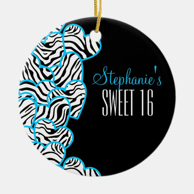 Stylish Blue Sweet 16 Zebra Heart Design Name  Ceramic Ornament (Front)