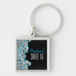 Stylish Blue Sweet 16 Zebra Heart Design Name Keychain