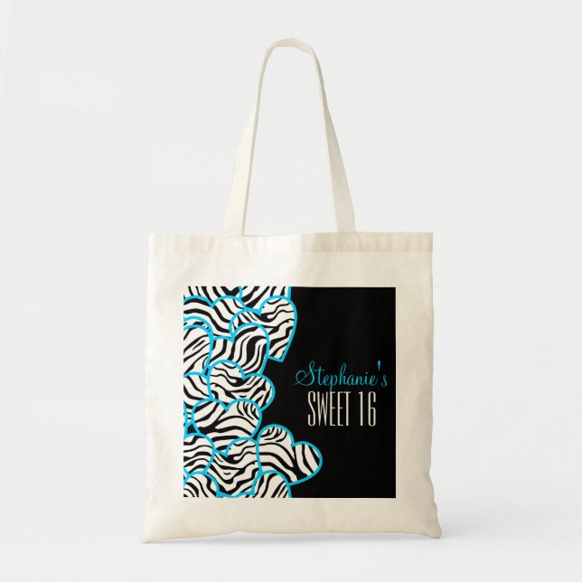 Stylish Blue Sweet 16 Zebra Heart Design Name  Tote Bag (Front)