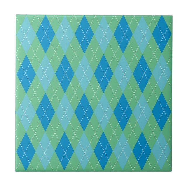 Stylish Blue Teal Green Argyle Pattern Tile (Front)