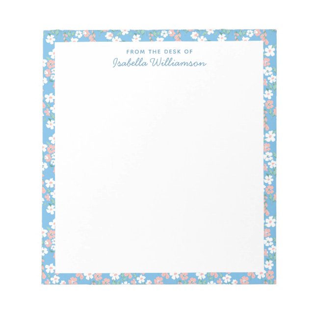 Stylish Blue Watercolor Floral Farmhouse Name Notepad (Front)