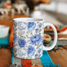 Stylish Blue Watercolor & Grey Floral Pattern