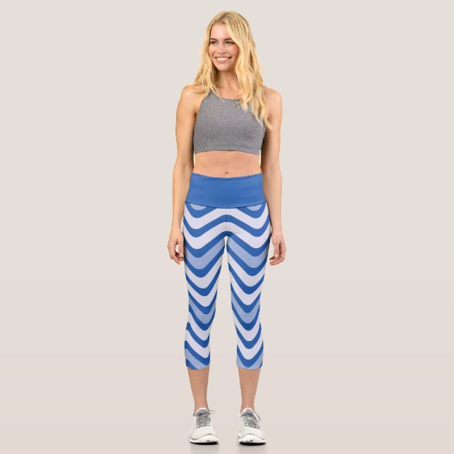Stylish Blue Wavy Chevron Pattern Yoga Exercise Capri Leggings (Front)