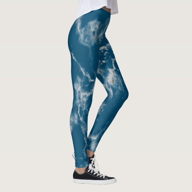 Stylish Blue White Aqua Marble Patterns Cute Girly Leggings (Right)