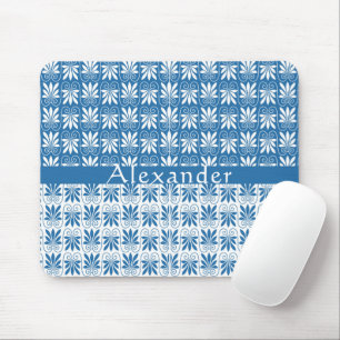 Stylish Blue & White Greek Floral Custom Mouse Pad