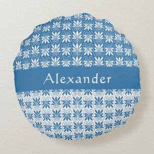 Stylish Blue & White Greek Floral Custom Round Pillow