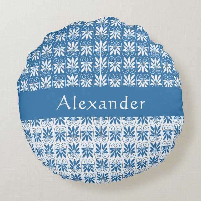 Stylish Blue & White Greek Floral Custom  Round Pillow (Back)