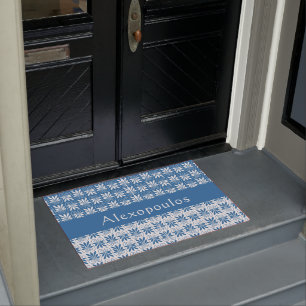 Stylish Blue & White Greek Floral Personalized Doormat