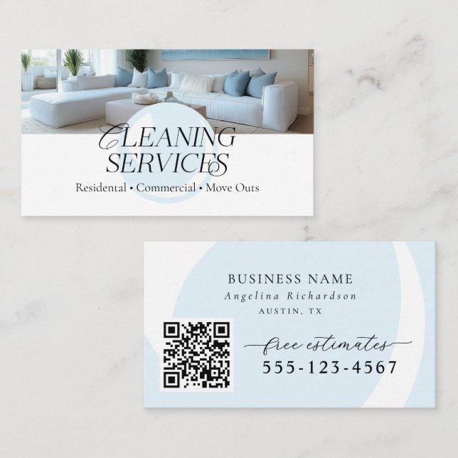 Stylish Blue White Modern Cleaning Services Business Card (Front/Back)