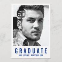 Stylish Blue White Modern Photo Graduate Invite