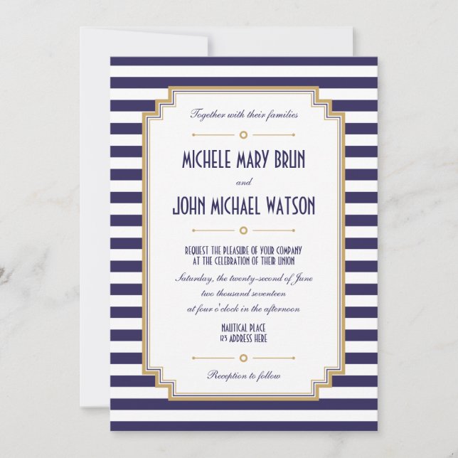 Stylish Blue White Nautical Wedding Invitation (Front)