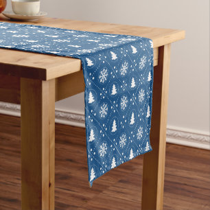 Stylish Blue White Snowflake Christmas Tree Design Short Table Runner