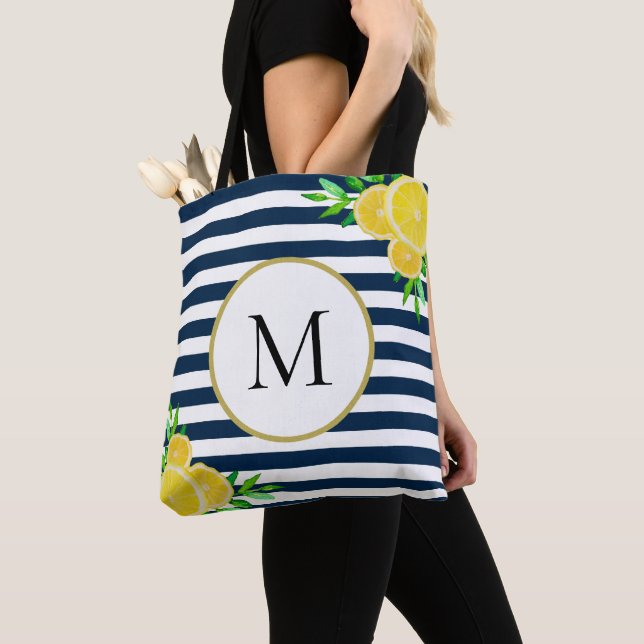 Stylish Blue White Stripes Summer Lemon Monogram Tote Bag (Close Up)