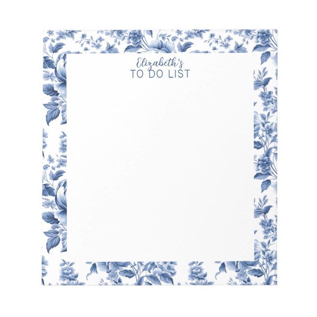 Stylish Blue White Vintage Rose Floral Notepad (Front)