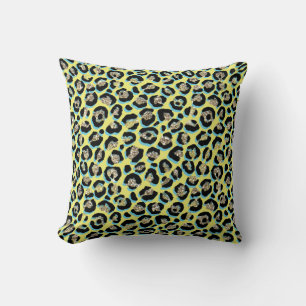 Stylish Blue Yellow Gold Glitter Leopard Print Throw Pillow