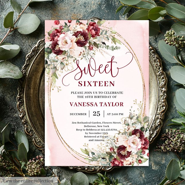 Stylish Blush Burgundy Floral Sweet Sixteen Invite (Stylish Blush Burgundy Floral Sweet Sixteen Invite

)