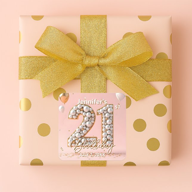 Stylish Blush Pink and Gold Pearly 21st Birthday Square Sticker (Creator Uploaded)