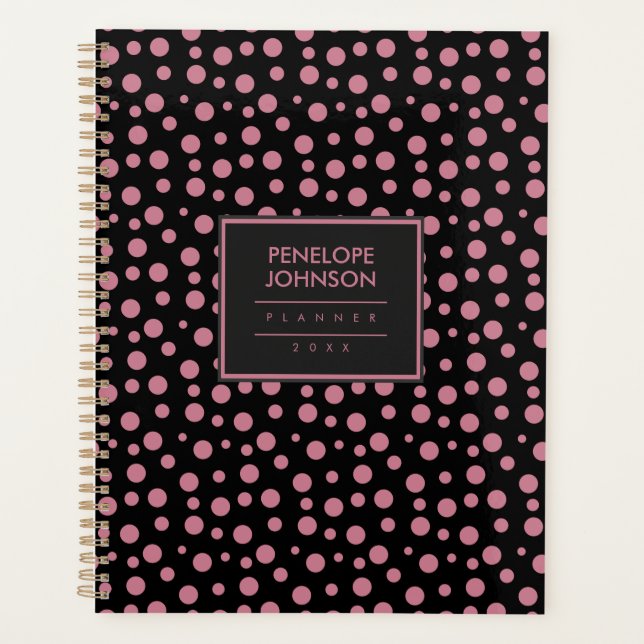 Stylish Blush Pink Black Polka Dot Pattern Planner (Front)