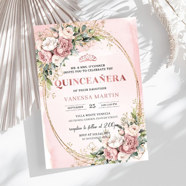 Stylish Blush Pink Floral Greenery Quinceañera  Invitation (Stylish Blush Pink Floral Greenery Quinceañera Invitation

)