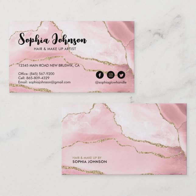 Stylish Blush Pink Gold Glitter Agate  Business Card (Front/Back)
