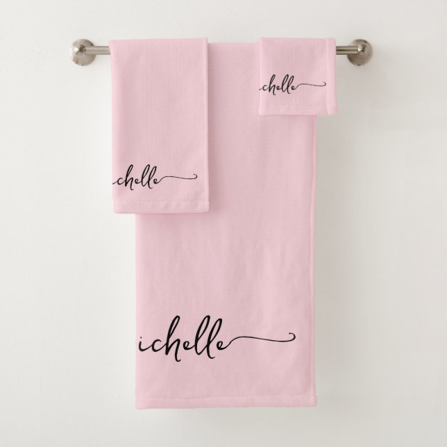 Stylish Blush Pink Monogram Name Script Signature  Bath Towel Set (Insitu)