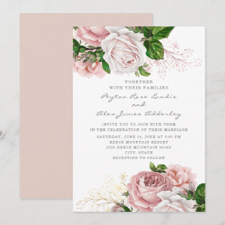 Stylish Blush Pink Vintage Roses Floral Wedding Invitation