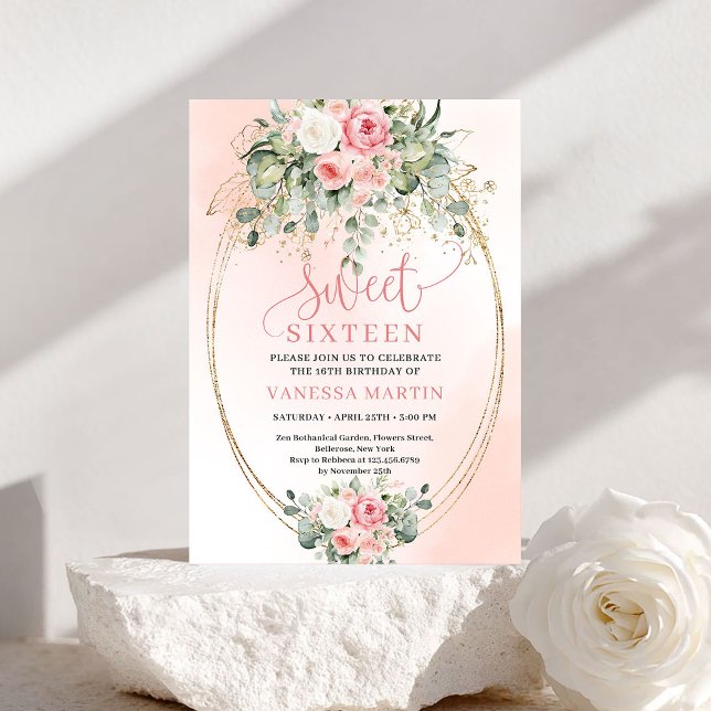 Stylish Blush Roses Gold Script 16th Birthday  Invitation (Stylish Blush Roses Gold Script 16th Birthday Invitation)