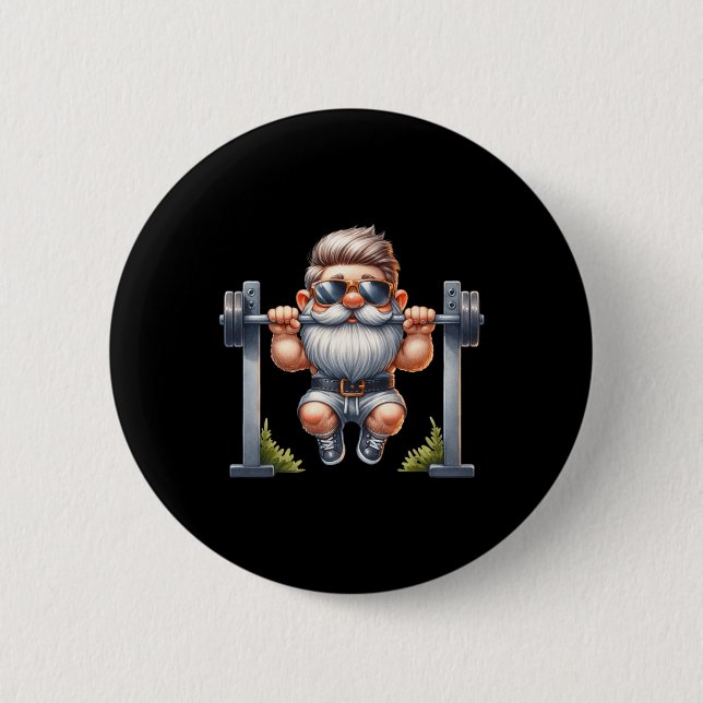 Stylish Body Building Gnome Does Pull-ups On A Dum 2 Inch Round Button (Front)