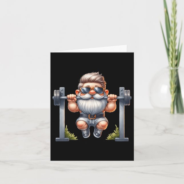 Stylish Body Building Gnome Does Pull-ups On A Dum Card (Front)