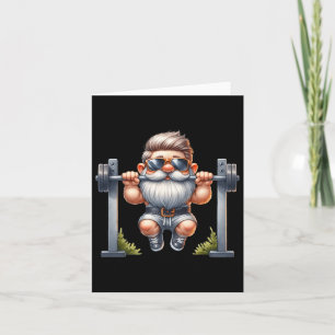 Stylish Body Building Gnome Does Pull-ups On A Dum Card