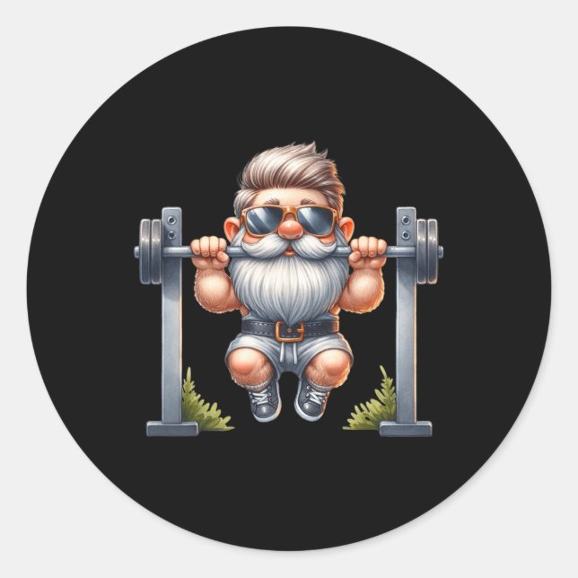 Stylish Body Building Gnome Does Pull-ups On A Dum Classic Round Sticker (Front)