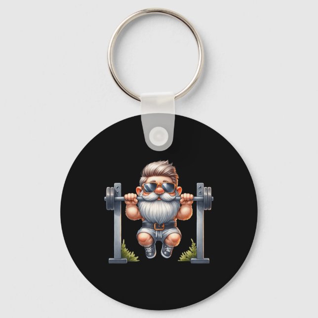Stylish Body Building Gnome Does Pull-ups On A Dum Keychain (Front)
