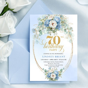 Stylish Boho Blue Gold Floral 70th Birthday Invite
