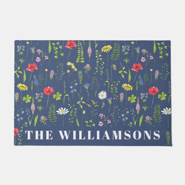 Stylish Boho Blue Wildflowers Floral Personalized Doormat (Front)