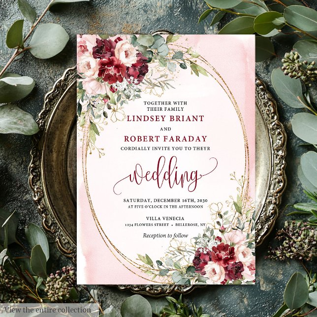 Stylish Boho Burgundy Blush Gold Floral Invitation (Stylish Boho Burgundy Blush Gold Floral Invitation)