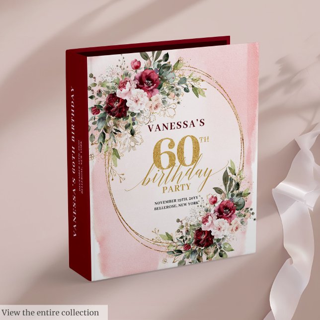 Stylish Boho Burgundy Gold Roses 60th Memory Album Binder (Stylish Boho Burgundy Gold Roses 60th Memory Album)