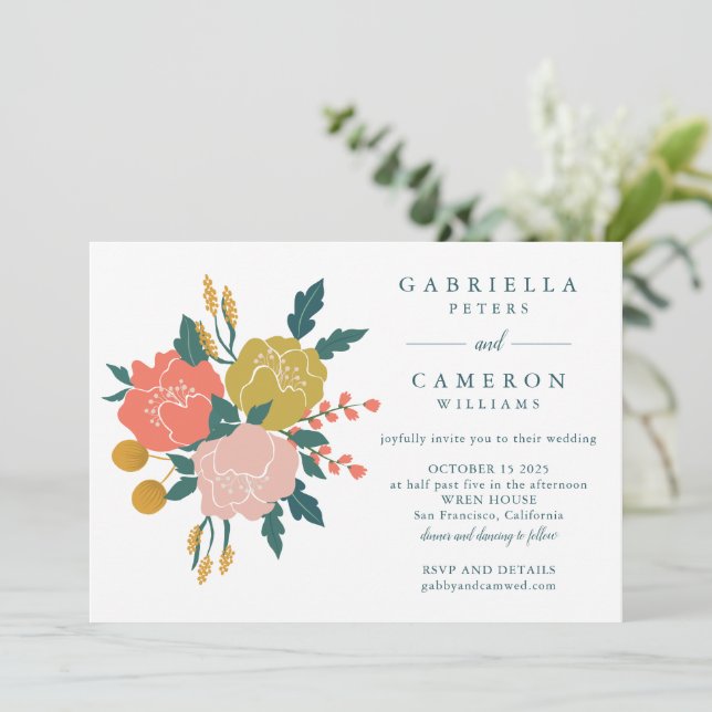 Stylish Boho Earthy Green Floral Simple Wedding Invitation (Standing Front)
