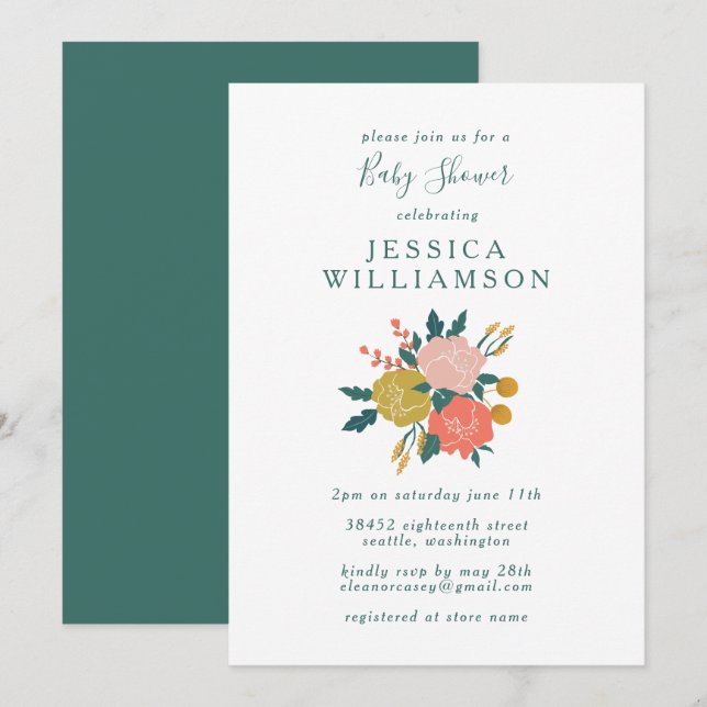 Stylish Boho Floral Art Simple Baby Shower Invitation (Front/Back)