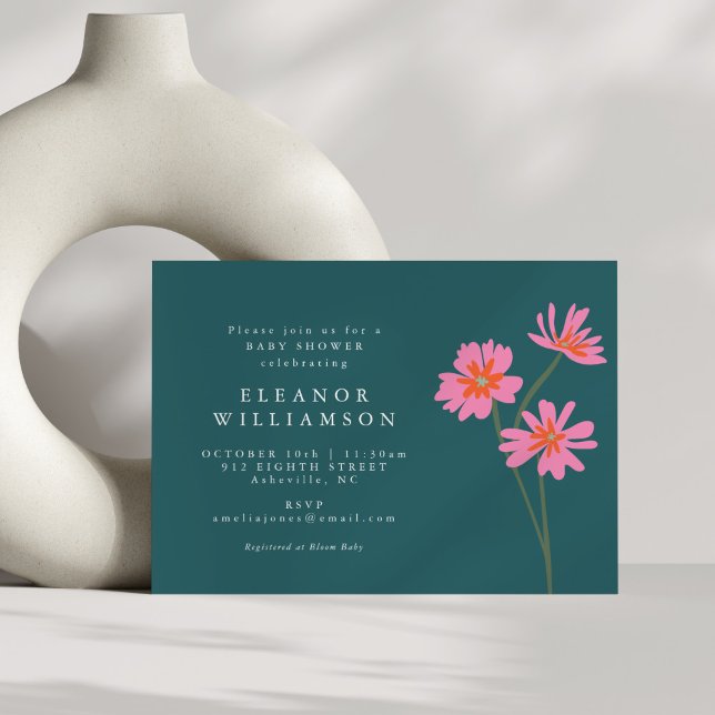 Stylish Boho Flowers Pink Teal Floral Baby Shower Invitation (Creator Uploaded)